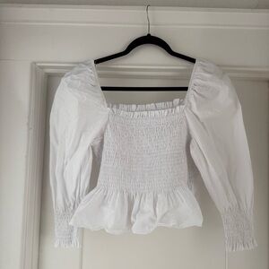 Zara White Smocked Peplum Puff-Sleeve Blouse
